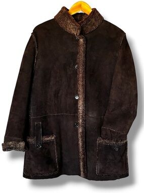 SINCLAIR Neiman Marcus Genuine Shearling Suede Coat Jacket Italy Vintage 14